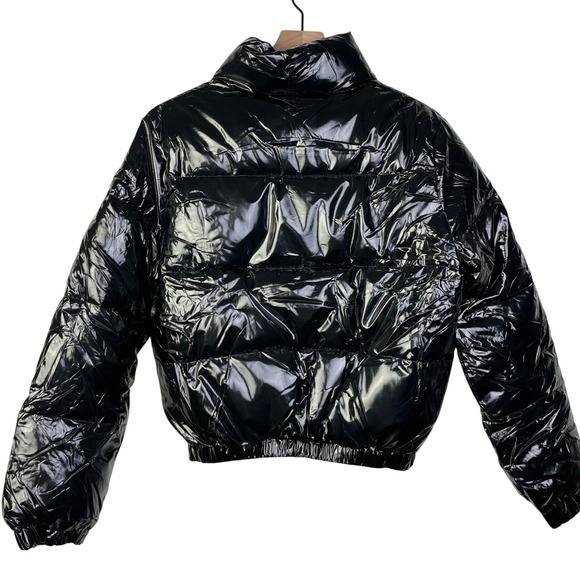 Uaneo Grunge Whimsigoth Black Puffer Jacket Shiny Cropped Full Zip Coat Winter L - Picture 3 of 9